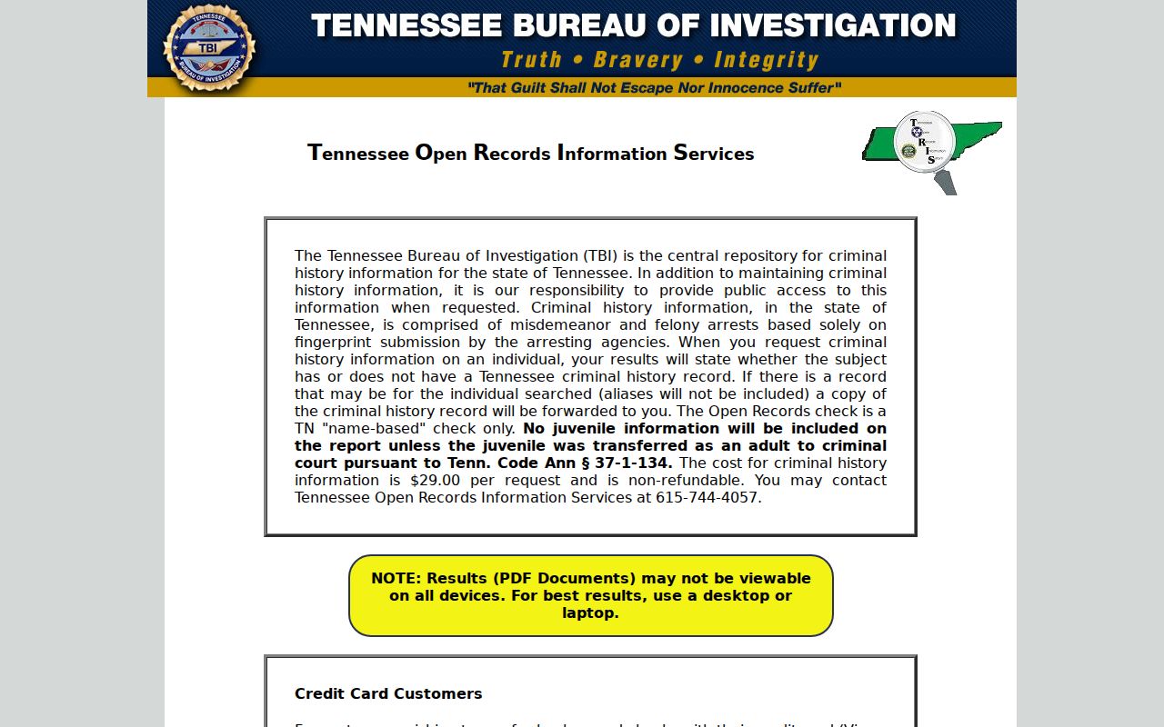 Tennessee TORIS criminal history order portal for Cannon County searches