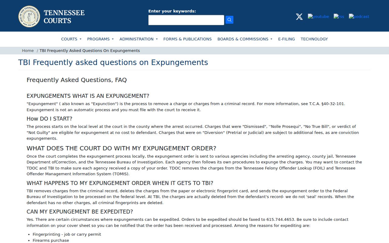 Woodbury criminal history expungement FAQ from Tennessee courts